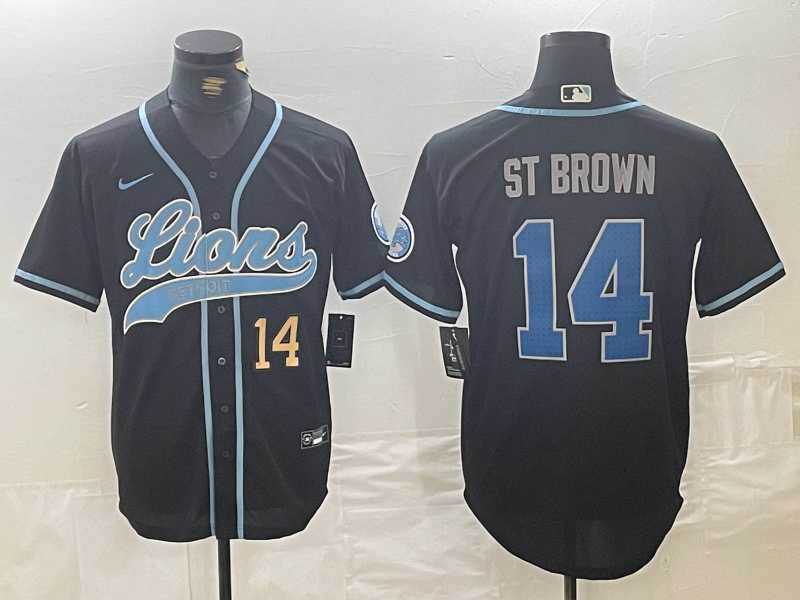 Men%27s Detroit Lions #14 Amon-Ra St. Brown Number Black Cool Base Stitched Baseball Jersey